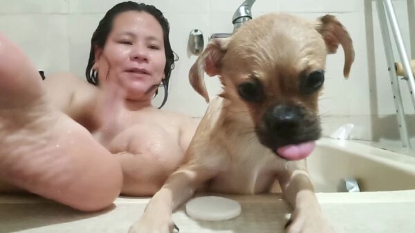 Mia taking a bath